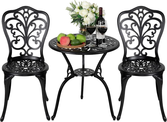 Main image of 3-Piece All-Weather Cast Aluminum Bistro Set Outdoor Table & 2 Chairs with Umbrella Hole, Butterfly Backrest, Black