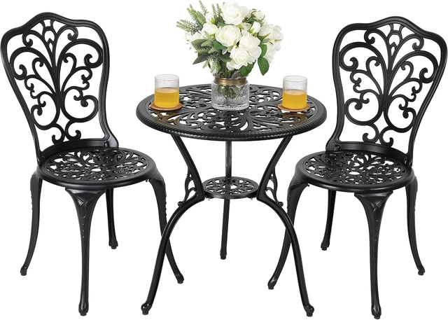 Alt view image 2 of 7 - 3-Piece All-Weather Cast Aluminum Bistro Set Outdoor Table & 2 Chairs with Umbrella Hole, Butterfly Backrest, Black