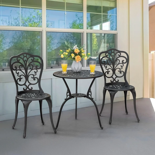 Alt view image 4 of 7 - 3-Piece All-Weather Cast Aluminum Bistro Set Outdoor Table & 2 Chairs with Umbrella Hole, Butterfly Backrest, Black