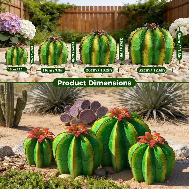Alt view image 2 of 7 - 4-Pack Artificial Metal Barrel Cactus Yard Art with Flowers