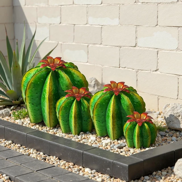 Alt view image 5 of 7 - 4-Pack Artificial Metal Barrel Cactus Yard Art with Flowers
