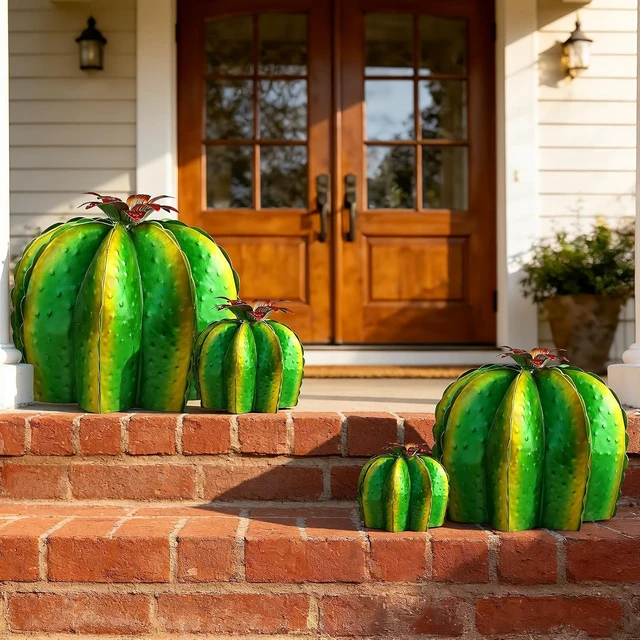Alt view image 6 of 7 - 4-Pack Artificial Metal Barrel Cactus Yard Art with Flowers
