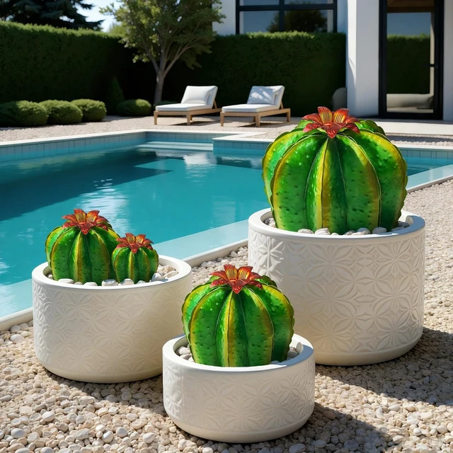 Alt view image 7 of 7 - 4-Pack Artificial Metal Barrel Cactus Yard Art with Flowers
