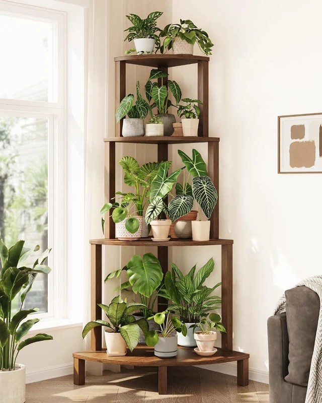 Main image of 4-Tier Corner Wood Plant Shelf Indoor Plant Stand Rack