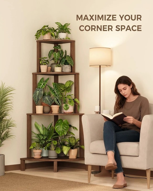Alt view image 2 of 6 - 4-Tier Corner Wood Plant Shelf Indoor Plant Stand Rack