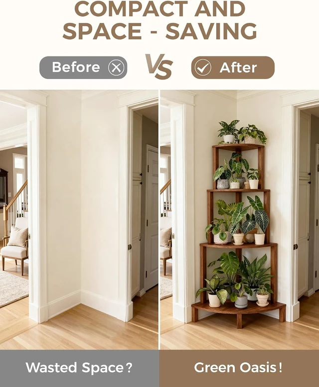 Alt view image 6 of 6 - 4-Tier Corner Wood Plant Shelf Indoor Plant Stand Rack