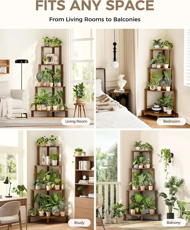 Alt view image 3 of 6 - 4-Tier Corner Wood Plant Shelf Indoor Plant Stand Rack