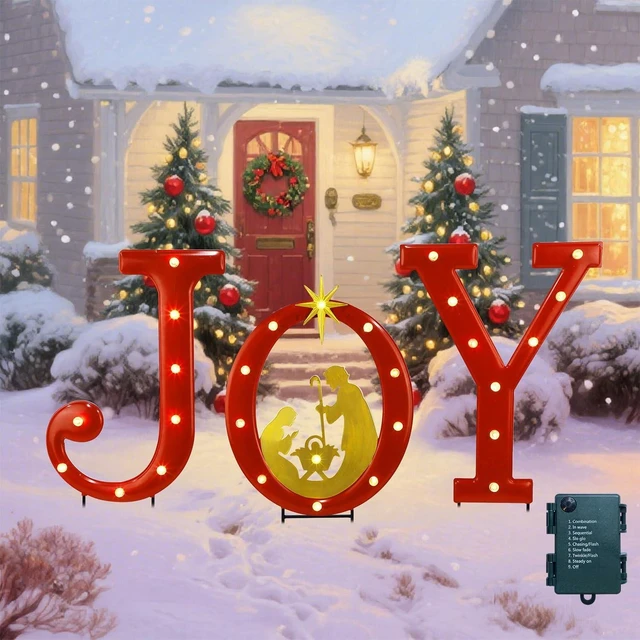 Main image of 15" Lighted Joy Letter Nativity Scene Outdoor Decor Xmas Metal Religious Yard Set with Stake, Battery Powered for Home, Garden, Patio, Lawn