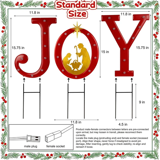 Alt view image 2 of 7 - 15" Lighted Joy Letter Nativity Scene Outdoor Decor Xmas Metal Religious Yard Set with Stake, Battery Powered for Home, Garden, Patio, Lawn