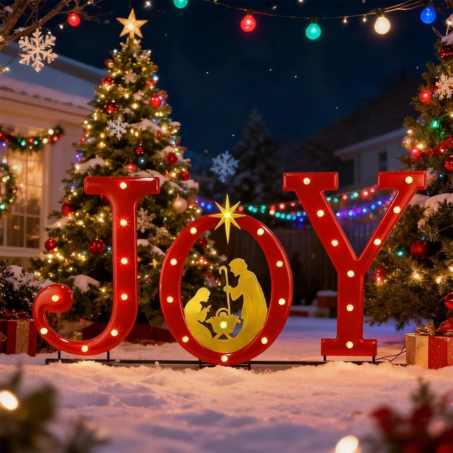 Alt view image 3 of 7 - 15" Lighted Joy Letter Nativity Scene Outdoor Decor Xmas Metal Religious Yard Set with Stake, Battery Powered for Home, Garden, Patio, Lawn