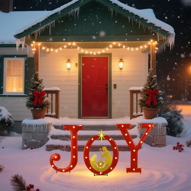 Alt view image 4 of 7 - 15" Lighted Joy Letter Nativity Scene Outdoor Decor Xmas Metal Religious Yard Set with Stake, Battery Powered for Home, Garden, Patio, Lawn
