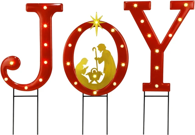 Alt view image 6 of 7 - 15" Lighted Joy Letter Nativity Scene Outdoor Decor Xmas Metal Religious Yard Set with Stake, Battery Powered for Home, Garden, Patio, Lawn