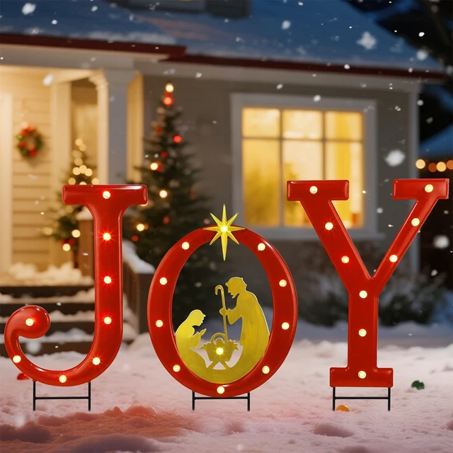 Alt view image 7 of 7 - 15" Lighted Joy Letter Nativity Scene Outdoor Decor Xmas Metal Religious Yard Set with Stake, Battery Powered for Home, Garden, Patio, Lawn