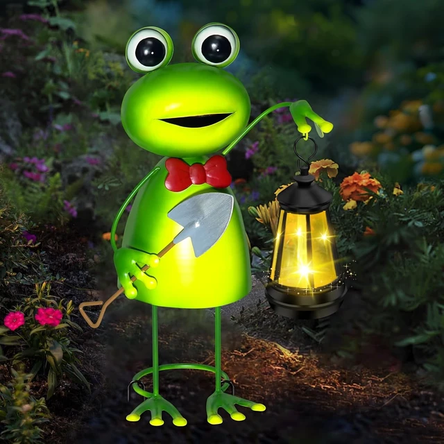 Alt view image 3 of 7 - 13.78in Solar Frog Garden Statue with Lantern Lights Metal Decorative Stakes, Fairy Decor for Patio, Porch, Yard, Gift for Women Mom Grandma