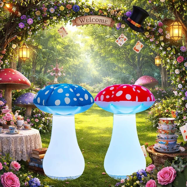 Main image of 2 Pcs LED Inflatable Mushrooms, Red & Blue Garden Outdoor Decor