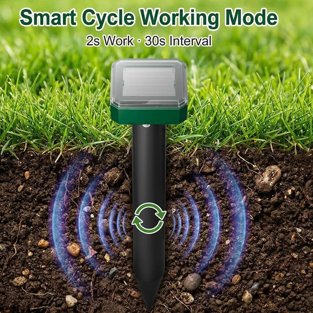 Alt view image 7 of 7 - Solar Powered Mole Repeller Ultrasonic Waterproof Deterrent for Gopher, Groundhog, Snake & Armadillo, for Yard Lawn Garden (8, Olive)