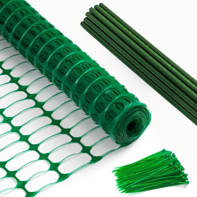 Main image of 40In High 100Ft Long Temporary Plastic Fence with Posts Mesh Safety Barrier with Steel Stakes for Dogs, Snow, Garden, Backyard