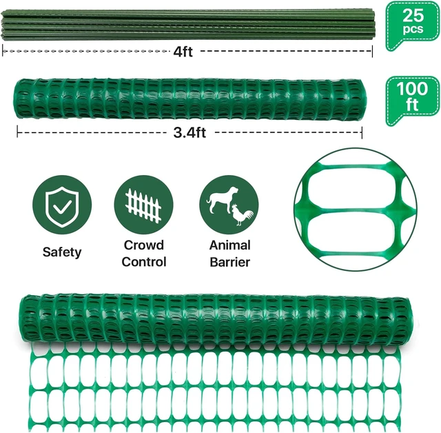 Alt view image 6 of 7 - 40In High 100Ft Long Temporary Plastic Fence with Posts Mesh Safety Barrier with Steel Stakes for Dogs, Snow, Garden, Backyard