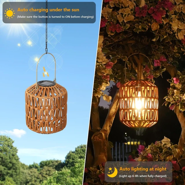 Alt view image 4 of 7 - 2 Pack Waterproof Rattan Solar Lanterns Outdoor Hanging Decorative Garden Lights for Porch, Patio, Pathway, Gift for Mom Grandma