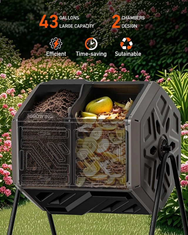 Alt view image 4 of 7 - 43 Gal Brown Outdoor Compost Bin Tumbler for Backyard Garden