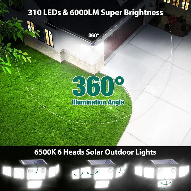 Alt view image 3 of 7 - 6000LM Solar Flood Lights Outdoor 284 LED 6-Head Dual Motion Sensor Security Wall Lights, IP65 Waterproof, Remote, 2 Pack