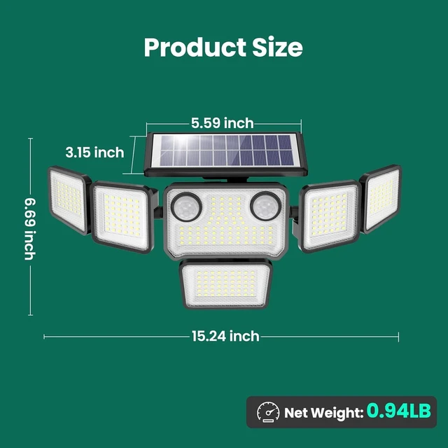 Alt view image 4 of 7 - 6000LM Solar Flood Lights Outdoor 284 LED 6-Head Dual Motion Sensor Security Wall Lights, IP65 Waterproof, Remote, 2 Pack