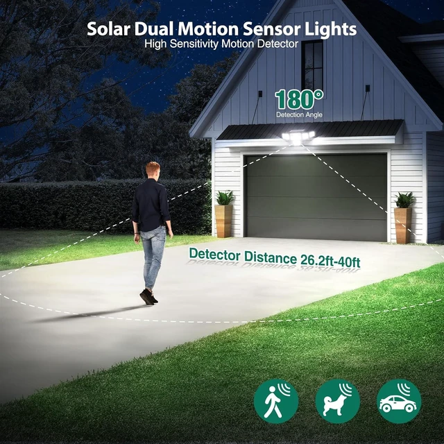 Alt view image 7 of 7 - 6000LM Solar Flood Lights Outdoor 284 LED 6-Head Dual Motion Sensor Security Wall Lights, IP65 Waterproof, Remote, 2 Pack