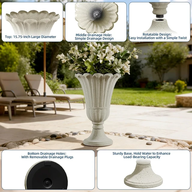 Alt view image 3 of 7 - 24" Tall Beige Urn Planters with Pedestal for Outdoor Plants