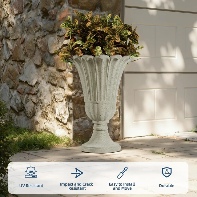 Alt view image 5 of 7 - 24" Tall Beige Urn Planters with Pedestal for Outdoor Plants