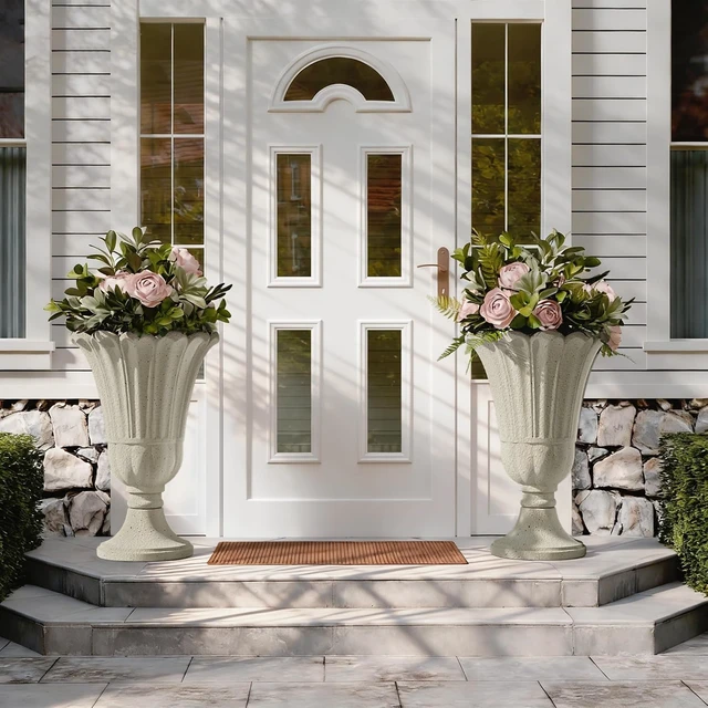 Alt view image 6 of 7 - 24" Tall Beige Urn Planters with Pedestal for Outdoor Plants