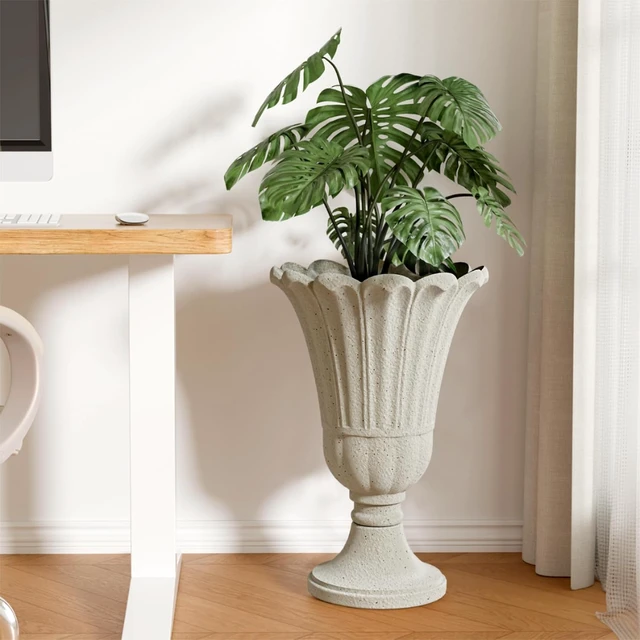 Alt view image 7 of 7 - 24" Tall Beige Urn Planters with Pedestal for Outdoor Plants