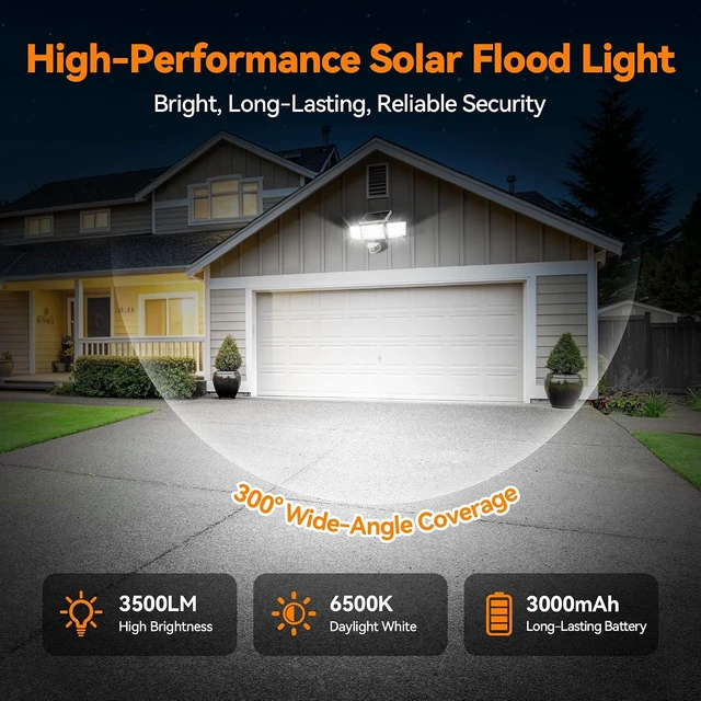 Alt view image 3 of 7 - 3500LM Solar Flood Lights Outdoor 168 LED 3-Head 300° Motion Sensor Security Lights, IP65 Waterproof, 3 Modes, 4 Pack (White)