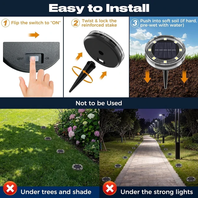 Alt view image 6 of 7 - 24 Pack Solar Ground Lights 2.8 Inch Flat Anti-Rust Waterproof LED Disc Lights for Yard, Walkway, Lawn, Path, Cool White