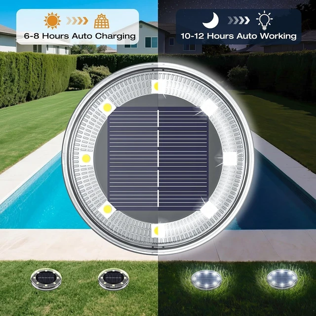 Alt view image 3 of 7 - 24 Pack Solar Ground Lights 2.8 Inch Flat Anti-Rust Waterproof LED Disc Lights for Yard, Walkway, Lawn, Path, Cool White