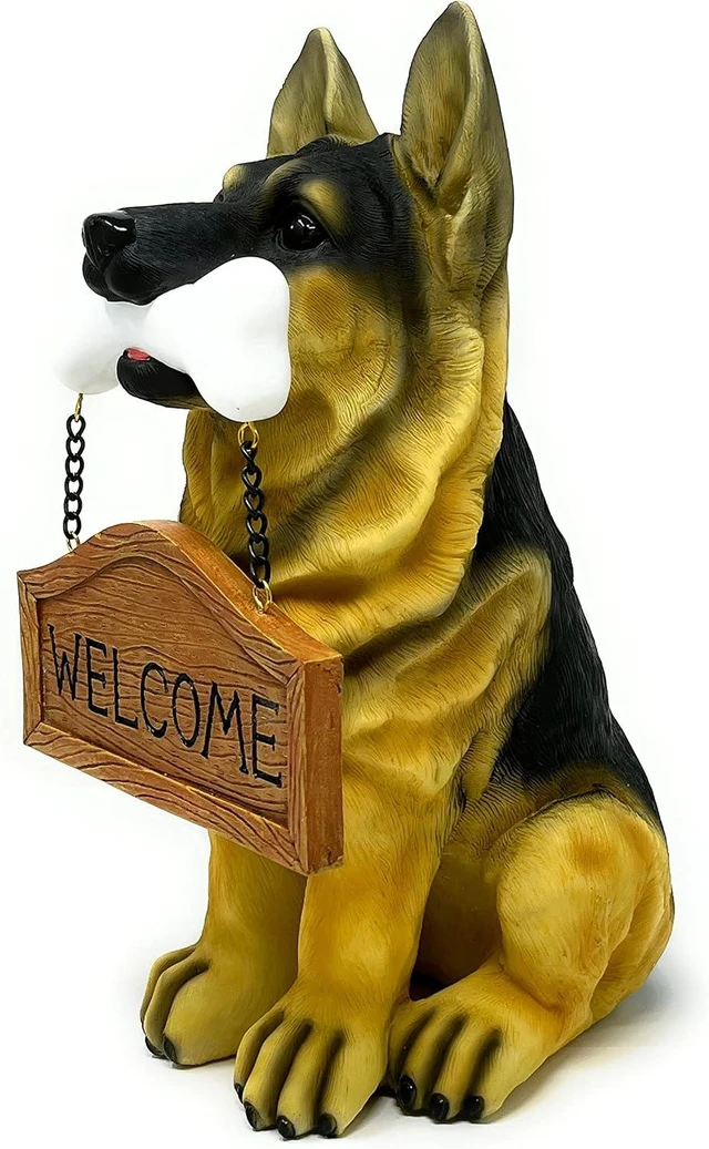 Main image of 12" H German Shepherd Puppy Resin Statue with Reversible Welcome & Go Away Sign, Garden Decor