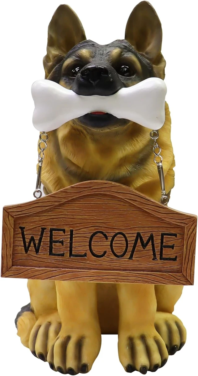 Alt view image 2 of 7 - 12" H German Shepherd Puppy Resin Statue with Reversible Welcome & Go Away Sign, Garden Decor