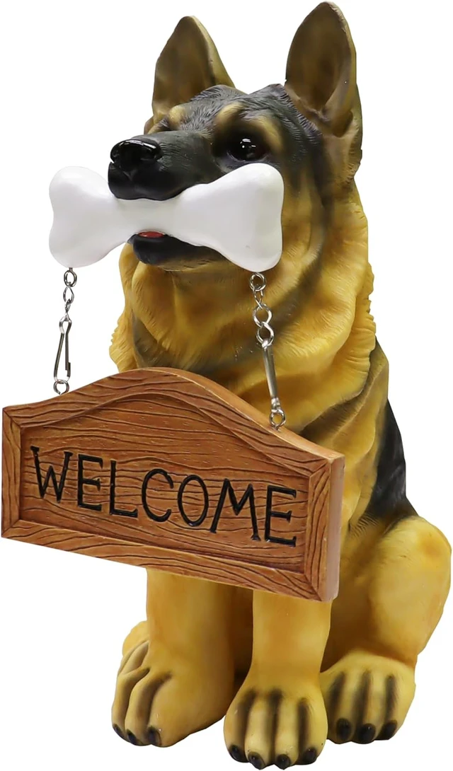 Alt view image 3 of 7 - 12" H German Shepherd Puppy Resin Statue with Reversible Welcome & Go Away Sign, Garden Decor