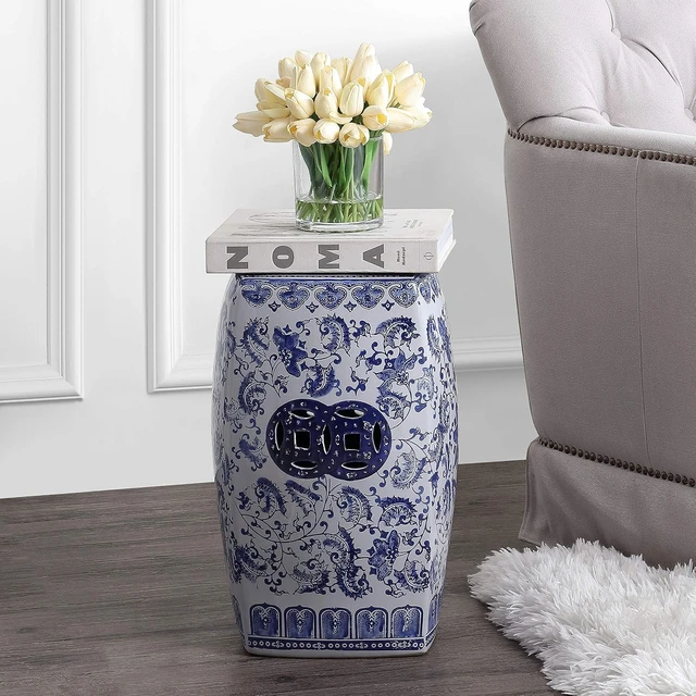 Alt view image 2 of 7 - 18.5" Ceramic Floral Vine Square Garden Stool, Blue/White