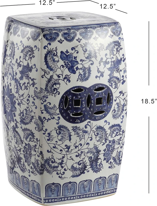 Alt view image 3 of 7 - 18.5" Ceramic Floral Vine Square Garden Stool, Blue/White