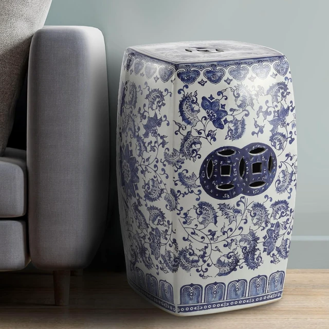 Alt view image 4 of 7 - 18.5" Ceramic Floral Vine Square Garden Stool, Blue/White
