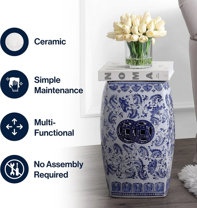 Alt view image 6 of 7 - 18.5" Ceramic Floral Vine Square Garden Stool, Blue/White