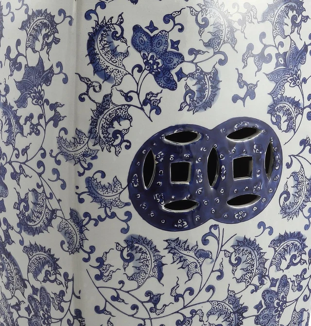 Alt view image 7 of 7 - 18.5" Ceramic Floral Vine Square Garden Stool, Blue/White