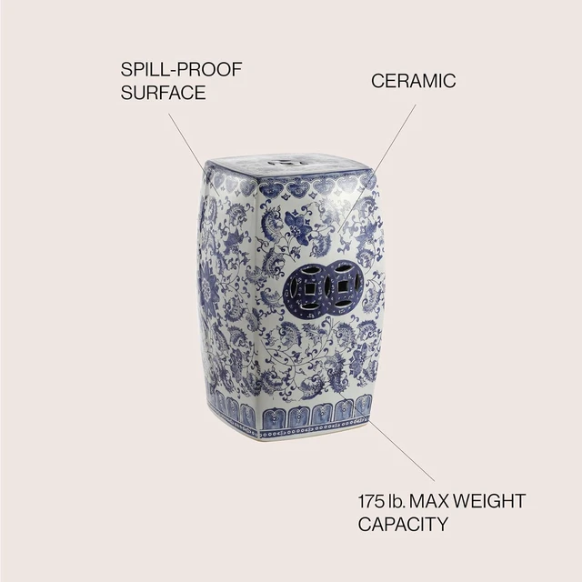 Alt view image 5 of 7 - 18.5" Ceramic Floral Vine Square Garden Stool, Blue/White