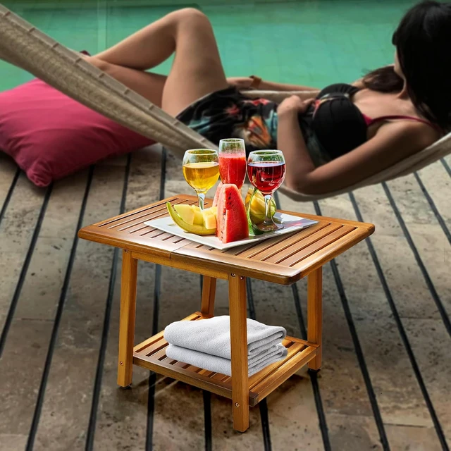 Alt view image 2 of 7 - 24 Inch Acacia Outdoor Side Table 2-Tier Weather Resistant Sturdy Patio End Table for Patio, Pool, Porch, Teak Finish (Large)