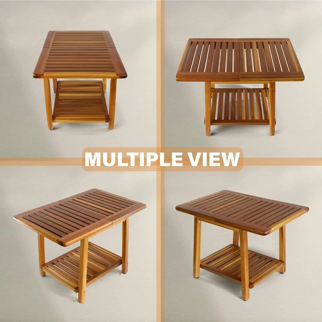 Alt view image 4 of 7 - 24 Inch Acacia Outdoor Side Table 2-Tier Weather Resistant Sturdy Patio End Table for Patio, Pool, Porch, Teak Finish (Large)