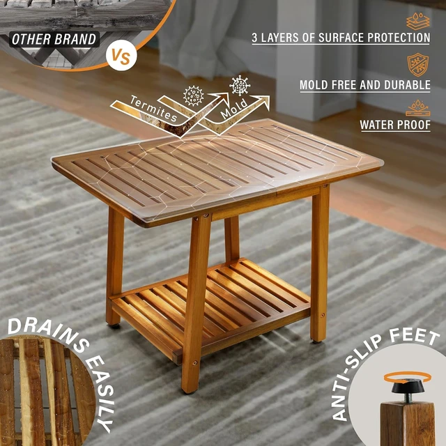 Alt view image 5 of 7 - 24 Inch Acacia Outdoor Side Table 2-Tier Weather Resistant Sturdy Patio End Table for Patio, Pool, Porch, Teak Finish (Large)