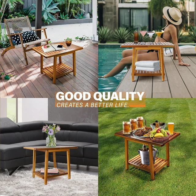 Alt view image 6 of 7 - 24 Inch Acacia Outdoor Side Table 2-Tier Weather Resistant Sturdy Patio End Table for Patio, Pool, Porch, Teak Finish (Large)