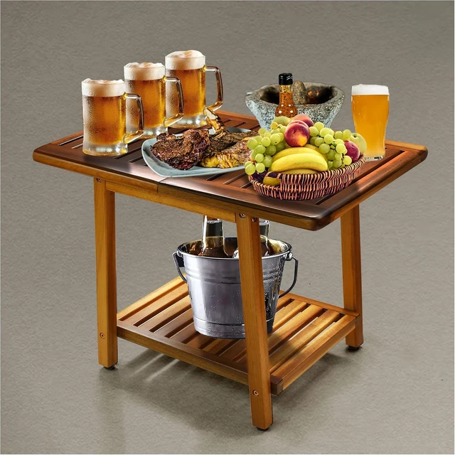 Alt view image 7 of 7 - 24 Inch Acacia Outdoor Side Table 2-Tier Weather Resistant Sturdy Patio End Table for Patio, Pool, Porch, Teak Finish (Large)