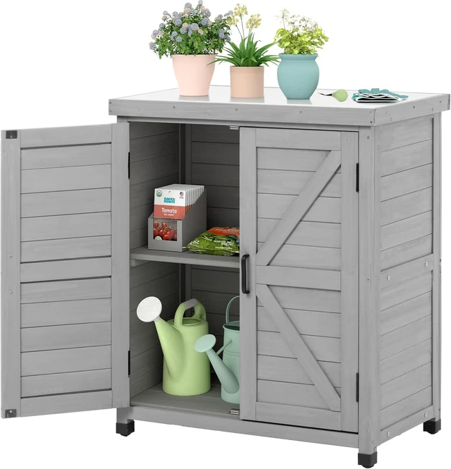 Main image of Outdoor Storage Cabinet & Potting Bench Table with Metal Top Wooden Garden Workstation (Classic Grey, 36x31x17in)