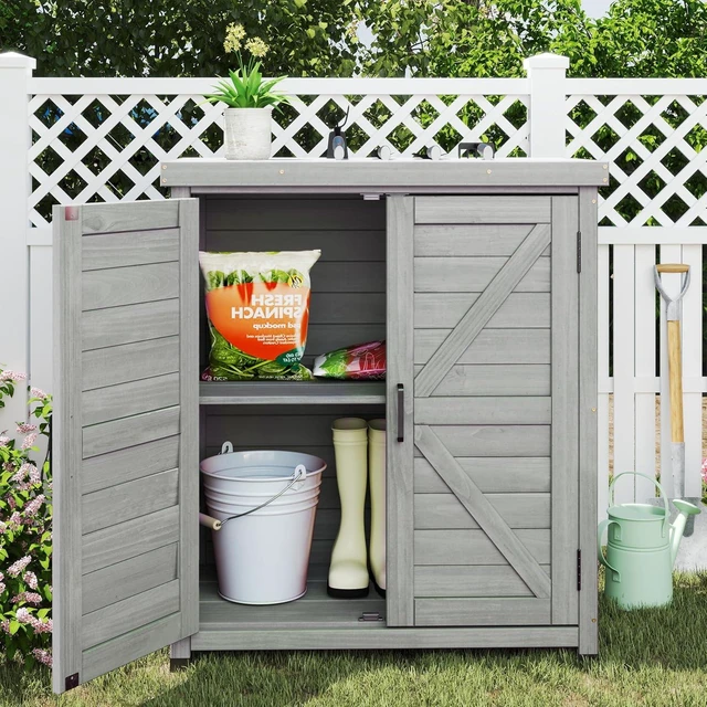 Alt view image 2 of 6 - Outdoor Storage Cabinet & Potting Bench Table with Metal Top Wooden Garden Workstation (Classic Grey, 36x31x17in)